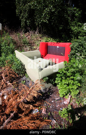 Il ribaltamento di mobili di rifiuti domestici appena ribaltato sul retro di negozi in Dinnington, Foto Stock