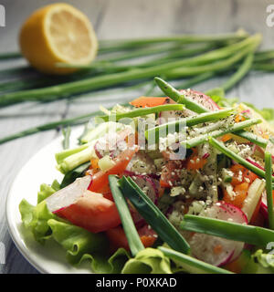 La molla insalata di verdure sulla piastra bianca. Il ravanello, pomodori, sedano e il cetriolo. E rabboccato con semi di sesamo. Piatto vegetariano sul bianco tavolo in legno. C Foto Stock