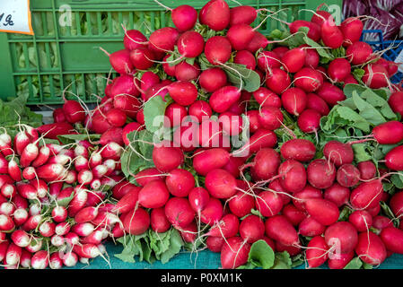 Un mucchio di ravanello rosso per la vendita su un mercato Foto Stock