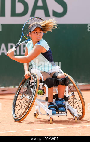 Yui Kamiji (JPN), Giugno 8, 2018 - Tennis : Yui Kamiji del Giappone durante la donna della sedia a rotelle singole semi-partita finale del Open di Francia di tennis tournament contro Aniek van Koot dei Paesi Bassi al Roland Garros di Parigi, Francia. (Foto di AFLO) Foto Stock