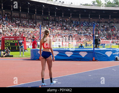 Stoccolma, Svezia - 10 giugno 2018. Salto in alto donne sul Diamond league- concorrenza a Stoccolma Stadium. Alessia Trost dall Italia preparando per il suo salto. Credito: Jari Juntunen/Alamy Live News Foto Stock