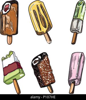 Set di vettore di coloratissimi ghiaccioli gelati con sapore diverso isolato. Illustrazione Vettoriale