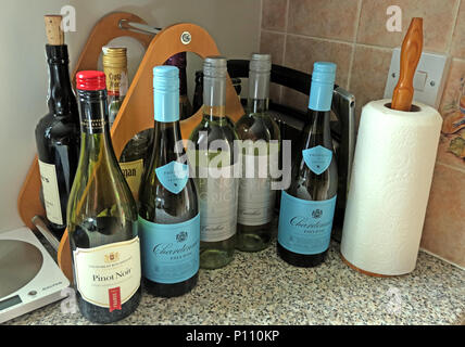 Epidemia di bere troppi alcoolici a casa, vino birra, rum,porto Foto Stock