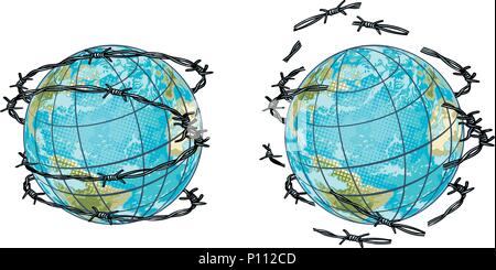 Impostare il pianeta terra in filo spinato e senza Illustrazione Vettoriale