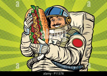 Astronauta Moustached con un hotdog Illustrazione Vettoriale