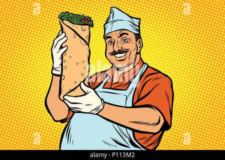 Sorridente Oriental street food chef. Shawarma Kebab Döner Illustrazione Vettoriale