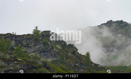 Nebbioso giorno in montagna con suggestiva vista montagna Foto Stock