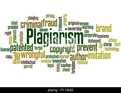 Il plagio, word cloud concetto su sfondo bianco. Foto Stock