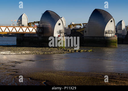 Fiume Thames Flood Barrier, East London, England, Regno Unito - 25 Febbraio 2018 : vista delle strutture di barriera con velme in primo piano Foto Stock