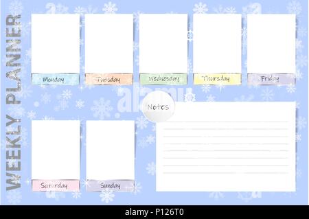 Stagionale planner settimanale su fondo azzurro con la caduta di fiocchi di  neve design. Grafico per note e grafici bianchi per ogni giorno della  settimana sono rea Immagine e Vettoriale - Alamy