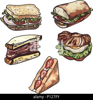 Set di sandwich delizioso illustrazioni di diversi tipi di subs sandwich tostato. Illustrazione Vettoriale