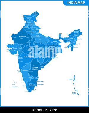 La mappa dettagliata dell'India con le regioni o gli stati e le città capitali. Divisione amministrativa. Illustrazione Vettoriale