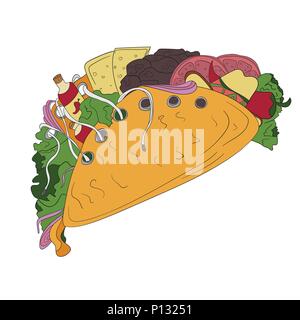 Disegnata a mano tacos icona. Badge di vettore di fast food stile sketch per opuscoli, banner Illustrazione Vettoriale