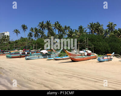 Barche di pescatori locali allineate lungo la spiaggia di Weligama Bay, Sri Lanka Foto Stock