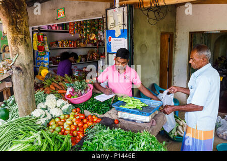 Stallholder in una strada rurale di vegetali e negozio di generi alimentari bancarella vendendo prodotti freschi per un uomo locale, Horagampita distretto, vicino a Galle, Sri Lanka Foto Stock