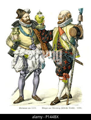 Vintage incisione di Storia della moda, costumi di Germania XVI secolo. Uomo nobile e cittadino di Norimberga in costume festival 1570 e 1588 Foto Stock