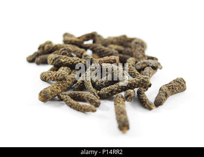 Pila di indiani pepe lungo (piper longum) isolato, extreme closeup (macro) Foto Stock