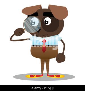 Cartoon illustrato cane business tenendo una lente di ingrandimento. Illustrazione Vettoriale