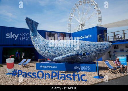 La Baia di Cardiff, Cardiff Wales UK. Decimo Giugno 2018 Volvo Ocean Race , Il Cielo Ocean Rescue visualizzare nel villaggio di gara la sensibilizzazione sulla plastica inquinamento utilizzando una scultura di una balena realizzati al di fuori della quantità di plastica che finisce nell'oceano ogni secondo. Credito: Phillip Thomas/Alamy Live News Credit: phillip Thomas/Alamy Live News Foto Stock