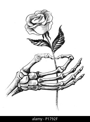 Lo scheletro di mano con una rosa bianca fiore. L'inchiostro bianco e nero illustrazione Foto Stock