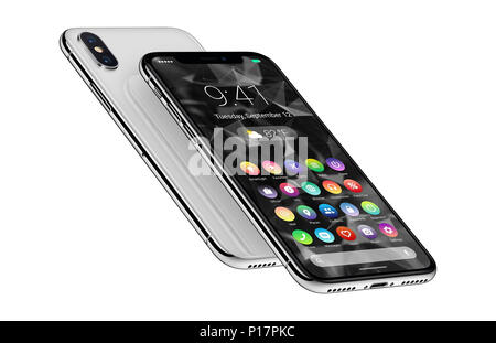 Gli smartphone in prospettiva con design di materiale piatto interfaccia UI i lati anteriore e posteriore di uno sopra l'altro. Android concept phone. Foto Stock