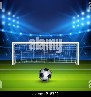 Pallone da calcio sul verde del campo di calcio sul stadium arena nella notte illuminata a fasci luminosi di forte intensità. Illustrazione Vettoriale Illustrazione Vettoriale