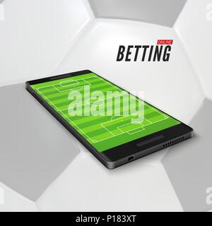 Sport scommesse online in app sul telefono cellulare. Campo di calcio sulla schermata dello smartphone. Sport banner scommesse sul calcio sfondo sferico. Illustrazione Vettoriale Illustrazione Vettoriale