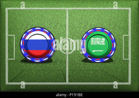 Football World Cup 2018, gioco di gruppo A, Russia - Arabia Saudita, giovedì, 14 giugno pulsante con bandiere nazionali sull'erba verde. Foto Stock