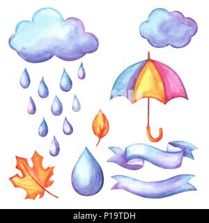 Set di aquarelle ombrello, nubi e pioggia. Illustrazione Vettoriale