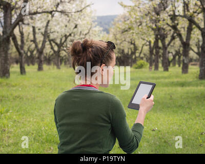 Vista posteriore di una giovane donna all'aperto la lettura sul suo ebook Foto Stock