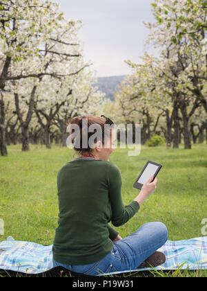 Vista posteriore di una giovane donna all'aperto la lettura sul suo ebook Foto Stock