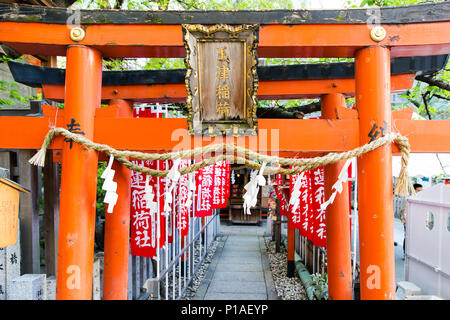 Torii Gate e lo shintoismo bandiere di preghiera che conduce verso la Ohatsu Tenjin santuario di Osaka in Giappone. Foto Stock