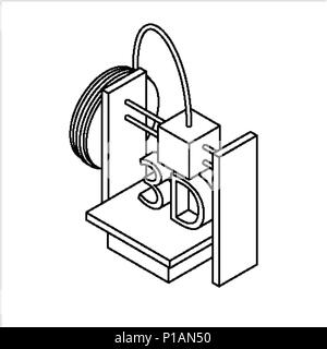 Vista isometrica stampante 3D. Icona di contorno. Illustrazione Vettoriale. Illustrazione Vettoriale