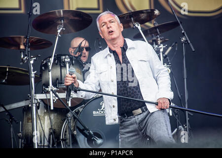 La Svezia Solvesborg - 10 giugno 2017. L'inglese hard rock band Thunder esegue un concerto dal vivo durante la Presidenza svedese music festival Sweden Rock Festival 2017 in Blekinge. Qui la cantante Danny Bowes è visto dal vivo sul palco. (Photo credit: Gonzales foto - Terje Dokken). Foto Stock