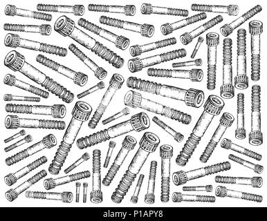 La produzione e l'industria, Illustrazione disegnata a mano lo schizzo di sfondo di le viti a esagono interno. Un tipo di dispositivo di fissaggio utilizzato in parti di macchina, Die Fixtur Foto Stock