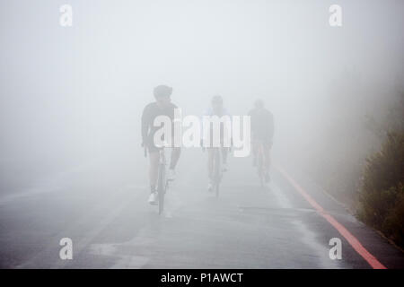 Dedicato ai ciclisti di sesso maschile ciclismo su piovoso, foggy road Foto Stock