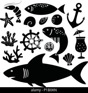 Set di silhouette nera di squali, pesci e gamberetti, conchiglie e altri animali marini ed icone di oggetti isolati su sfondo bianco. Oggetti vettoriali, design piatto. Ocean Marine, concetto d'estate. Illustrazione Vettoriale