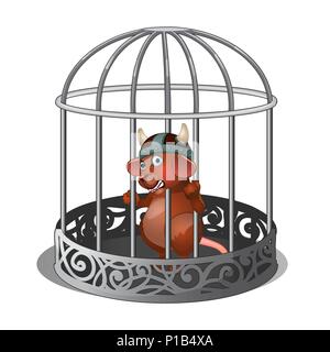 Mouse in gabbia bares i suoi denti isolati su sfondo bianco. Illustrazione Vettoriale. Illustrazione Vettoriale
