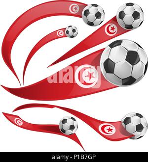 Bandiera della Tunisia insieme con pallone da calcio isolati su sfondo bianco Illustrazione Vettoriale