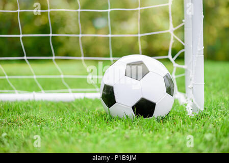 Classico gioco del calcio (calcio) sfera su erba verde terreno di fronte all obiettivo di bianco con net Foto Stock