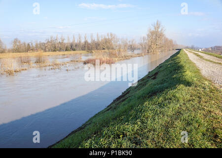 Fiume inondate durante la stagione delle piogge in tropichi. Panorama del fiume bocca. Panoramica, vista aerea. Sporchi, fangoso argine del fiume Foto Stock