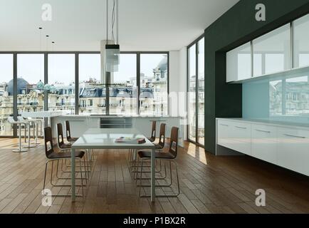 Bianco cucina moderna in soppalco con grandi finestre Foto Stock