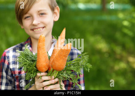 Ragazzo carino con organici carote - cibo sano Foto Stock