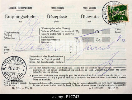 Swiss trilingue ricevuta per lettera raccomandata datata 1933. Foto Stock