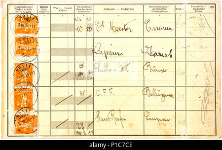 Pagina stampata dal 1923 ricezione prenota presso Swiss Post office. Foto Stock