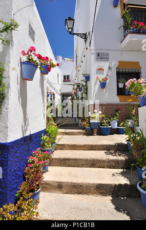 E baciata dal sole di strade e di case bianche in Frigiliana, Andalusia. Foto Stock