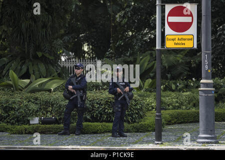 Singapore, Singapore. 11 Giugno, 2018. In scorching 34 gradi, polizia armata stand in perporation per la partenza del Presidente USA Turmp dal Singapore Istana.lo storico incontro tra Stati Uniti Presidente Donald Trump e leader della Corea del nord Kim Jong-ONU è stata prevista per il mese di giugno 12 a Singapore come entrambi i leader sono arrivati nel sud-est asiatico città-stato di domenica prima del vertice del punto di riferimento. Credito: Sion Ang/SOPA Immagini/ZUMA filo/Alamy Live News Foto Stock