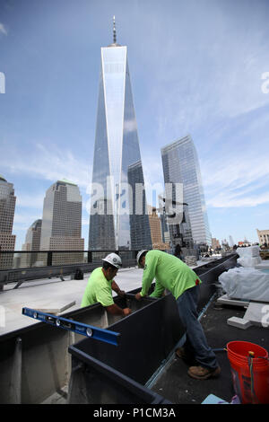 New York, Stati Uniti d'America. 11 Giugno, 2018. Le persone a lavorare sulla piattaforma di 3 World Trade Center di Manhattan, New York, Stati Uniti, il 11 giugno 2018. Il 80-story, 329-metro-alta 3 World Trade Center è stato ufficialmente aperto qui il lunedì. L'edificio dell'ufficio diventa il quinto più alto Tower a New York City. Credito: Wang Ying/Xinhua/Alamy Live News Foto Stock