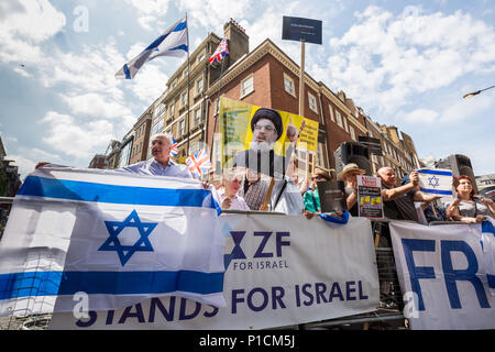 Londra, Regno Unito. Decimo Giugno, 2018. Pro-Palestinian Al Quds giorno marzo attraverso il centro di Londra organizzata dalla Commissione islamica per i diritti dell'uomo. Un evento internazionale che ha avuto inizio in Iran 1979. Credito: Guy Corbishley/Alamy Live News Foto Stock