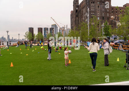 Nonostante il tempo inclemente di migliaia di visitatori accorsi per la grande apertura di Domino Parco nel quartiere di Williamsburg di Brooklyn a New York Domenica, 10 giugno 2018. Occupa il sito del Domino Sugar Co. raffineria, chiusa nel 2004, cinque acri di greenspace ha caratteristiche di acqua, scivoli, una passerella elevata, un Danny Meyer stand alimentari e pallavolo come pure molte altre dotazioni. Progettato da James Corner Field Operations, gli architetti dietro il design della linea alta, la raffineria di mattone di edificio, di cui una volta elaborato il 50 percento di tutto lo zucchero negli Stati uniti rimane per de Foto Stock